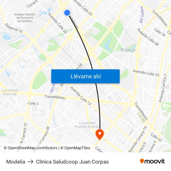 Modelia to Clínica Saludcoop Juan Corpas map