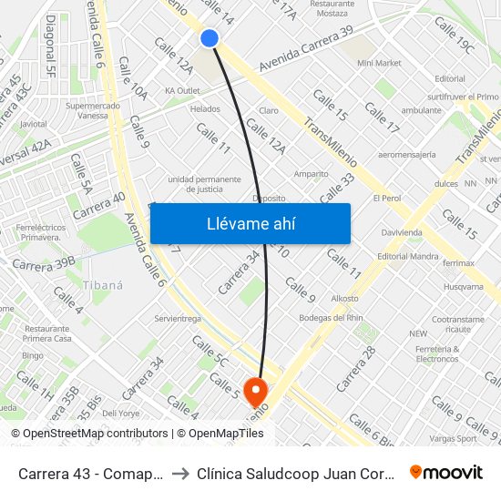 Carrera 43 - Comapan to Clínica Saludcoop Juan Corpas map