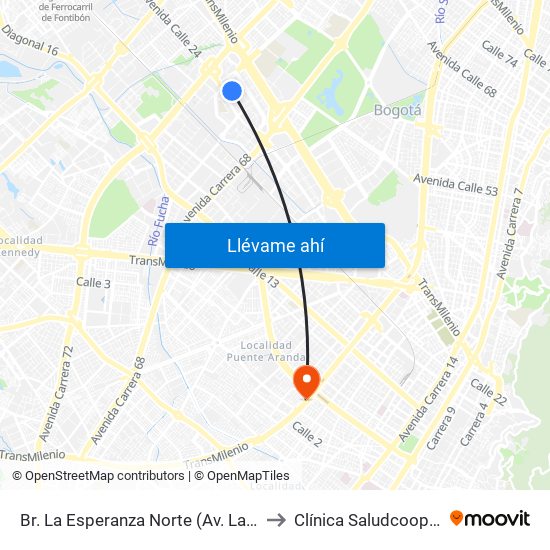 Br. La Esperanza Norte (Av. La Esperanza - Kr 69d) to Clínica Saludcoop Juan Corpas map