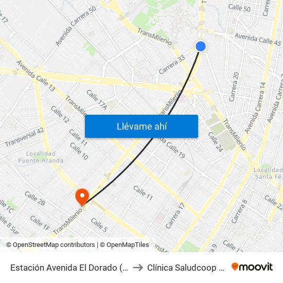 Estación Avenida El Dorado (Av. NQS - Cl 40a) to Clínica Saludcoop Juan Corpas map