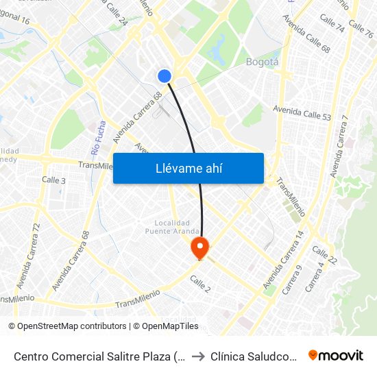 Centro Comercial Salitre Plaza (Av. La Esperanza - Kr 68a) to Clínica Saludcoop Juan Corpas map