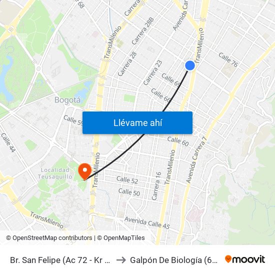 Br. San Felipe (Ac 72 - Kr 17) to Galpón De Biología (632) map