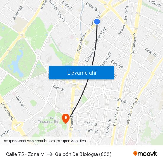 Calle 75 - Zona M to Galpón De Biología (632) map