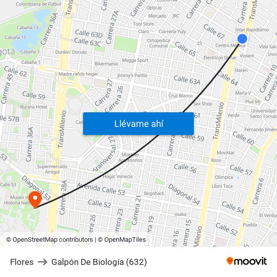 Flores to Galpón De Biología (632) map