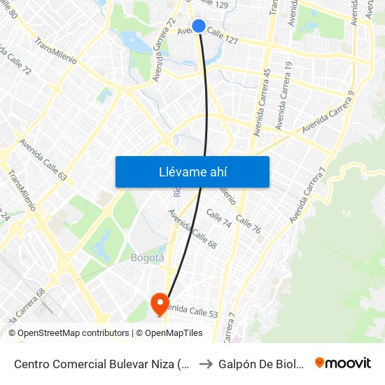 Centro Comercial Bulevar Niza (Ac 127 - Av. Suba) to Galpón De Biología (632) map