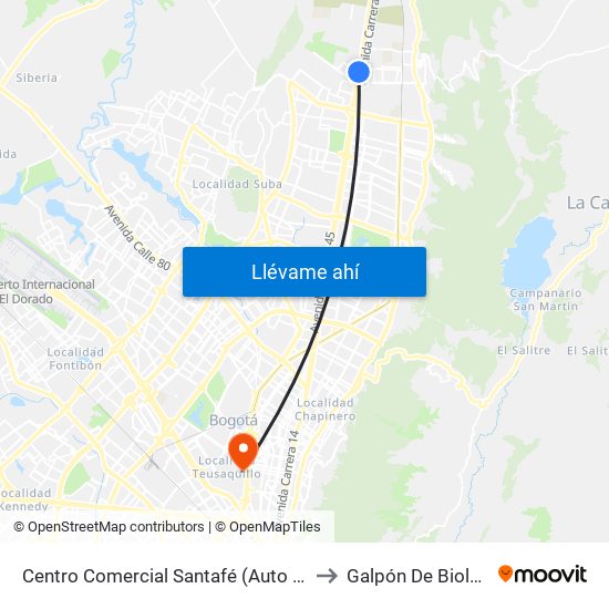 Centro Comercial Santafé (Auto Norte - Cl 187) (B) to Galpón De Biología (632) map