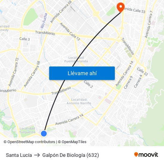 Santa Lucía to Galpón De Biología (632) map