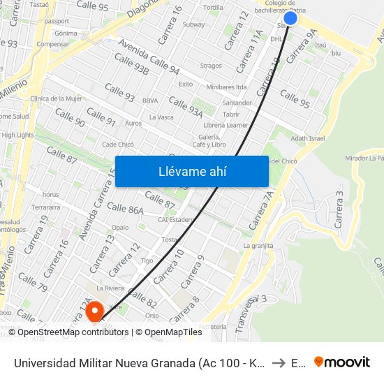Universidad Militar Nueva Granada (Ac 100 - Kr 10) (B) to Ean map