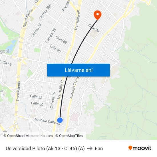 Universidad Piloto (Ak 13 - Cl 46) (A) to Ean map