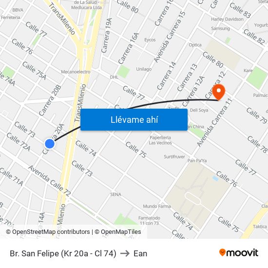 Br. San Felipe (Kr 20a - Cl 74) to Ean map