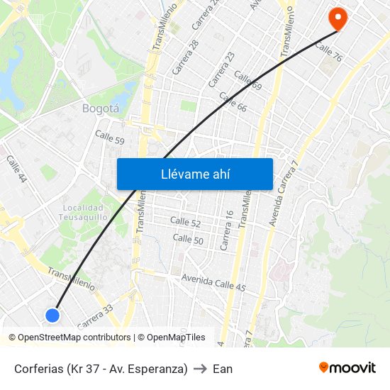 Corferias (Kr 37 - Av. Esperanza) to Ean map