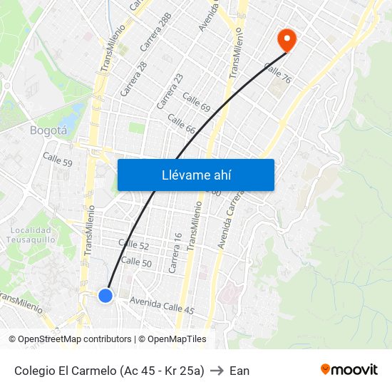 Colegio El Carmelo (Ac 45 - Kr 25a) to Ean map