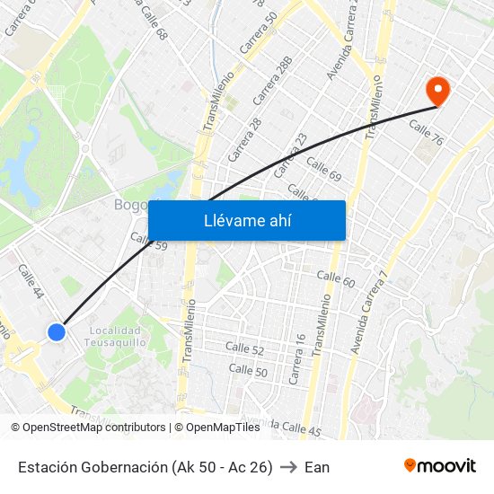 Estación Gobernación (Ak 50 - Ac 26) to Ean map