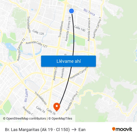Br. Las Margaritas (Ak 19 - Cl 150) to Ean map