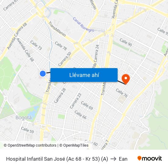 Hospital Infantil San José (Ac 68 - Kr 53) (A) to Ean map