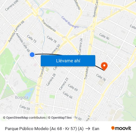 Parque Público Modelo (Ac 68 - Kr 57) (A) to Ean map