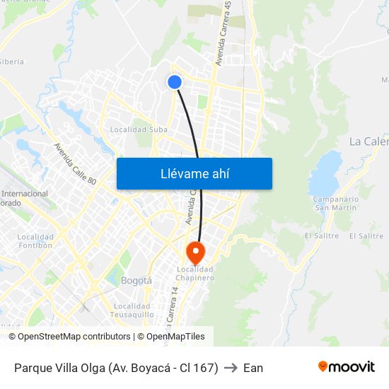 Parque Villa Olga (Av. Boyacá - Cl 167) to Ean map