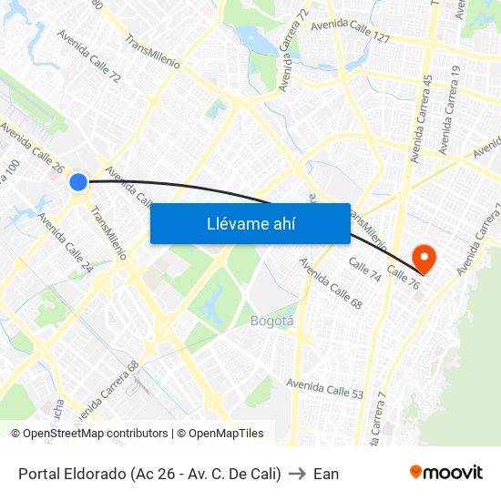 Portal Eldorado (Ac 26 - Av. C. De Cali) to Ean map