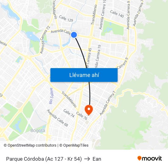 Parque Córdoba (Ac 127 - Kr 54) to Ean map