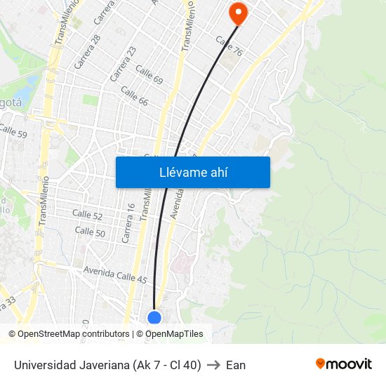 Universidad Javeriana (Ak 7 - Cl 40) to Ean map