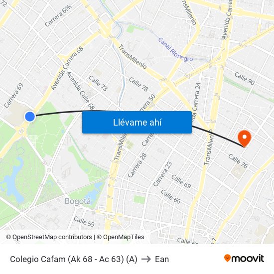 Colegio Cafam (Ak 68 - Ac 63) (A) to Ean map