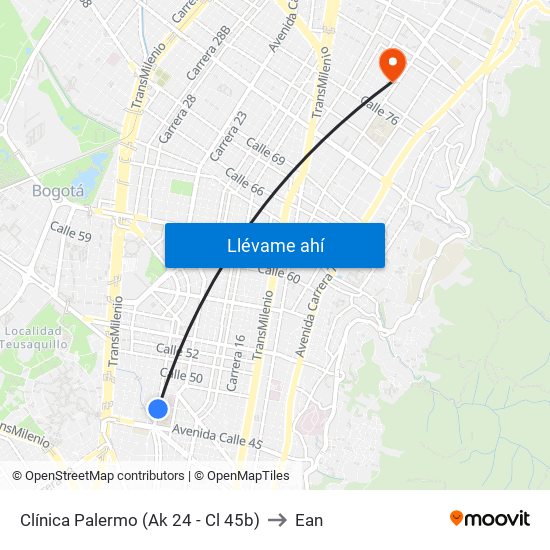 Clínica Palermo (Ak 24 - Cl 45b) to Ean map