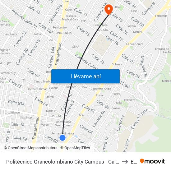 Politécnico Grancolombiano City Campus  - Calle 61 - Carrera 9 to Ean map