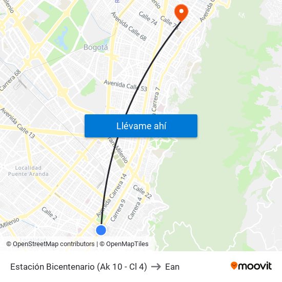 Estación Bicentenario (Ak 10 - Cl 4) to Ean map