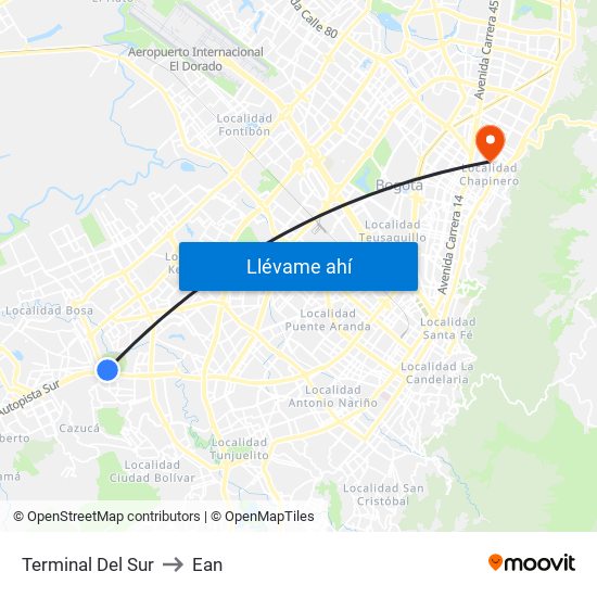 Terminal Del Sur to Ean map