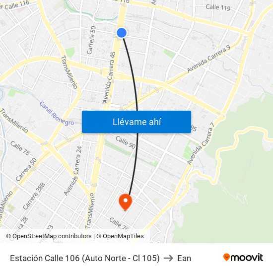 Estación Calle 106 (Auto Norte - Cl 105) to Ean map