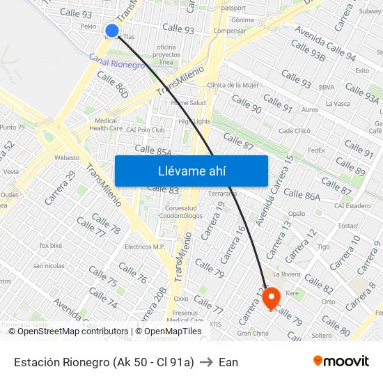 Estación Rionegro (Ak 50 - Cl 91a) to Ean map