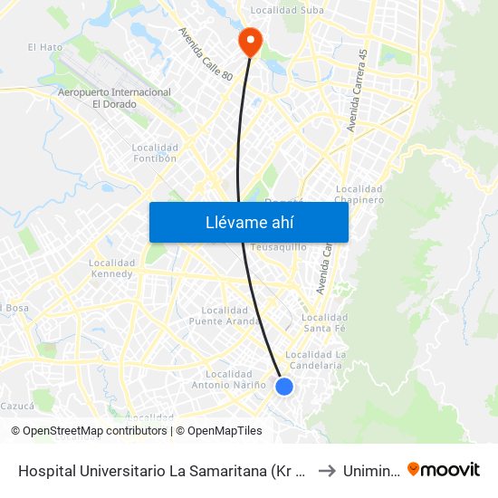 Hospital Universitario La Samaritana (Kr 8 - Cl 0 Sur) to Uniminuto map