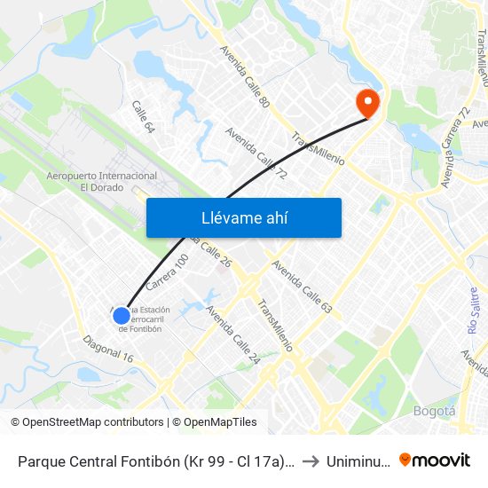 Parque Central Fontibón (Kr 99 - Cl 17a) (B) to Uniminuto map