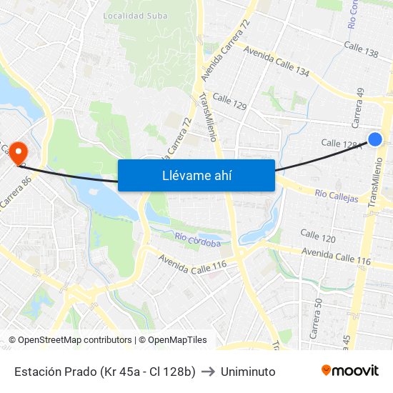 Estación Prado (Kr 45a - Cl 128b) to Uniminuto map