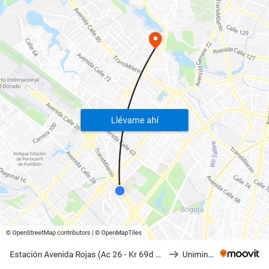 Estación Avenida Rojas (Ac 26 - Kr 69d Bis) (B) to Uniminuto map