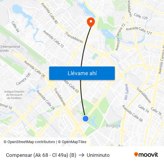 Compensar (Ak 68 - Cl 49a) (B) to Uniminuto map