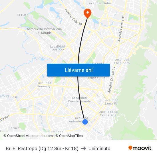 Br. El Restrepo (Dg 12 Sur - Kr 18) to Uniminuto map