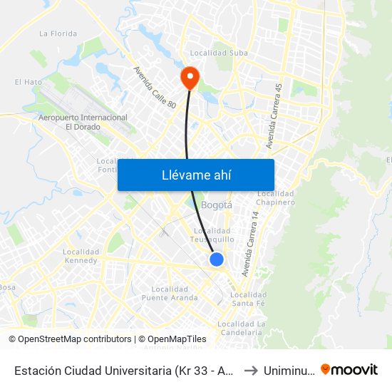 Estación Ciudad Universitaria (Kr 33 - Ac 26) to Uniminuto map