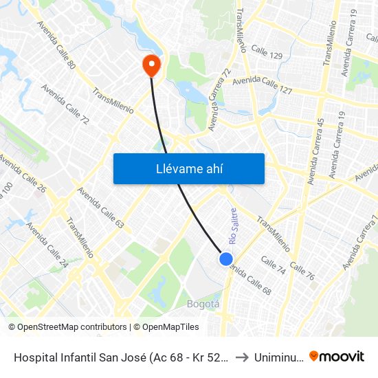 Hospital Infantil San José (Ac 68 - Kr 52) (B) to Uniminuto map