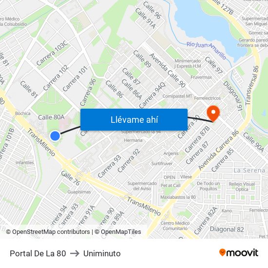 Portal De La 80 to Uniminuto map