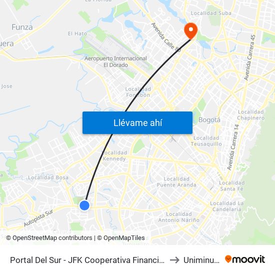 Portal Del Sur - JFK Cooperativa Financiera to Uniminuto map