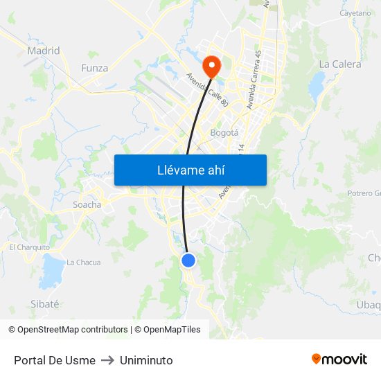 Portal De Usme to Uniminuto map
