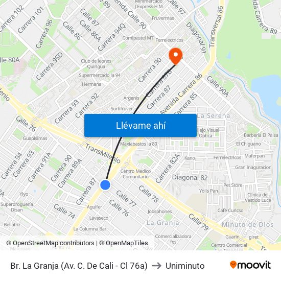 Br. La Granja (Av. C. De Cali - Cl 76a) to Uniminuto map