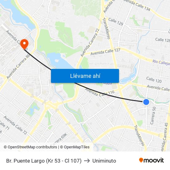 Br. Puente Largo (Kr 53 - Cl 107) to Uniminuto map