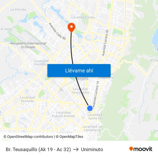 Br. Teusaquillo (Ak 19 - Ac 32) to Uniminuto map