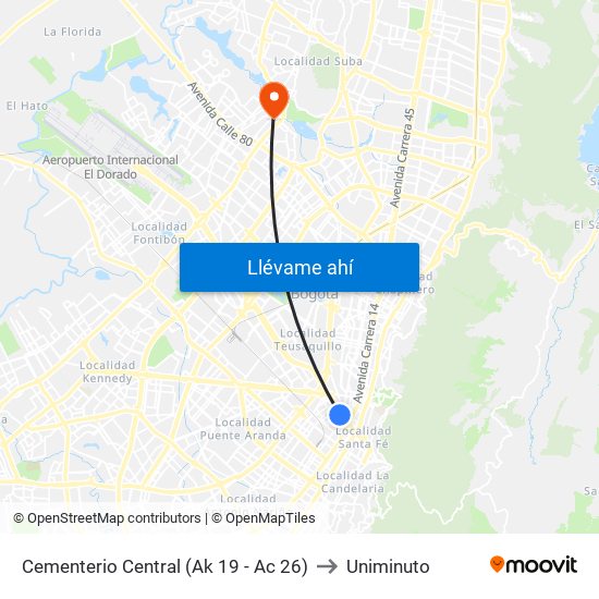 Cementerio Central (Ak 19 - Ac 26) to Uniminuto map