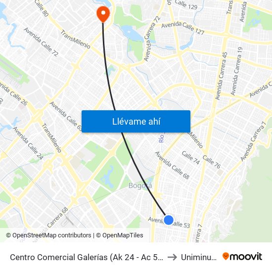 Centro Comercial Galerías (Ak 24 - Ac 53) to Uniminuto map