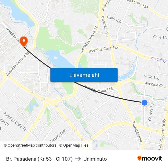 Br. Pasadena (Kr 53 - Cl 107) to Uniminuto map