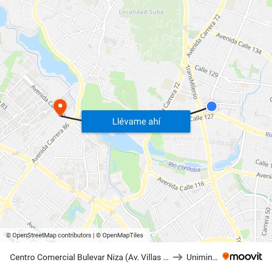 Centro Comercial Bulevar Niza (Av. Villas - Cl 127d) to Uniminuto map