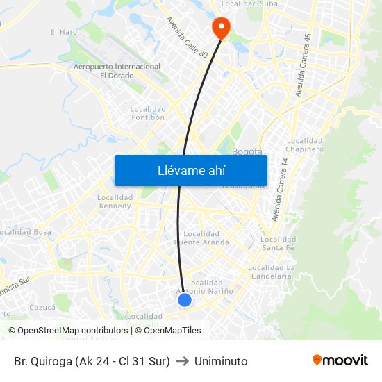 Br. Quiroga (Ak 24 - Cl 31 Sur) to Uniminuto map